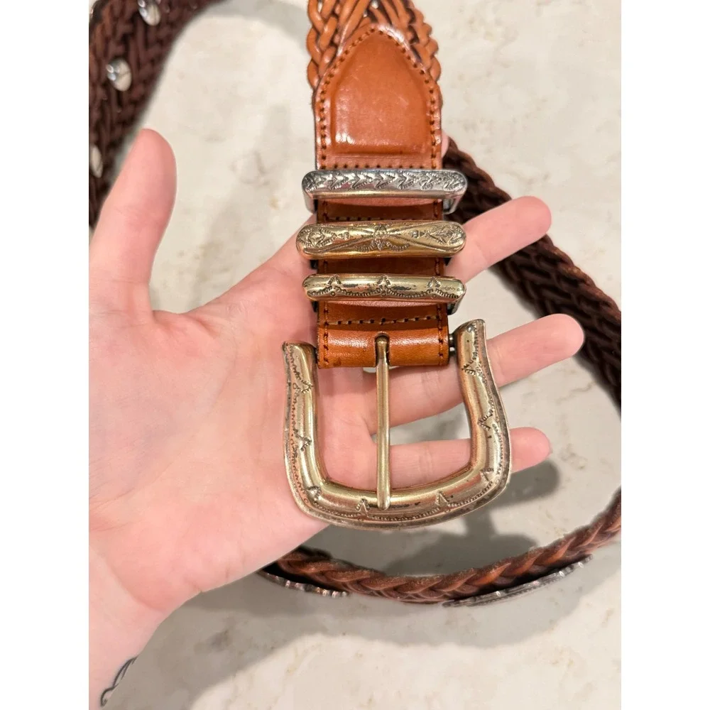 Vintage Braided Leather Concho Belt Brown Western Woven Silver Tone Buckle 69606